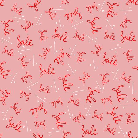 Red Sale text with white signs percent on pink background, Hand drawn doodle illustration. Seamless pattern for packingの写真素材