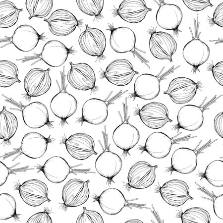 Onions with half onion seamless pattern on a white background. Black-and-white sketch illustration. Design for fabric, scrapbooking, packaging paper, wallpaper, wrap, farmers marketの写真素材