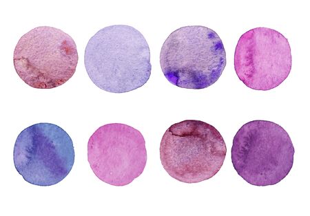 Set of lilac watercolor dots. Hand painted Spots on a white background. Round, circle. Isolated. Blobs of different colorの写真素材