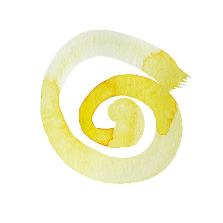 Watercolor solar spiral. Summer Sun background. Bright hand drawn sun with beams. Summer illustration. Grunge icon, symbol, logo.の写真素材