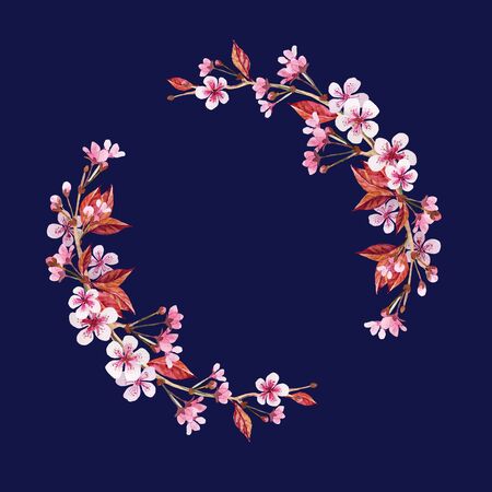 Two branches Wreath with pink flowers, buds, leaves of sakura on dark blue. Background for wedding invitations, congratulations, messages, save date, cards.の写真素材