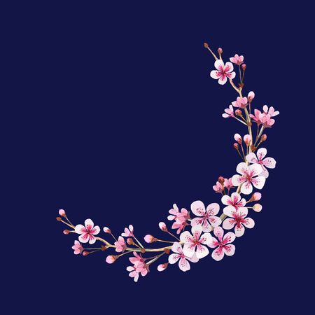 Wreath frame of a branch of Japanese cherry on deep blue. Watercolor flowers and buds in the circle. Background for wedding invitations, congratulations, messages, save date, cards.の写真素材