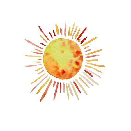 Sun, Watercolor Summer background. Bright hand drawn sun with beams. Isolated on white background . Shiny weather sun illustrationの写真素材
