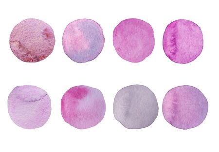 Lavender watercolor dot set. Hand painted Spots on a white background. Round, circle. Isolated. Blobs of different colorの写真素材