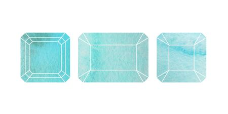 Blue cut watercolor gemstones icons with white contour. Line sketch with watercolor background. Crystals stone isolated. Set of jewel, mineral stony. Side, Bottom, Top Viewの写真素材