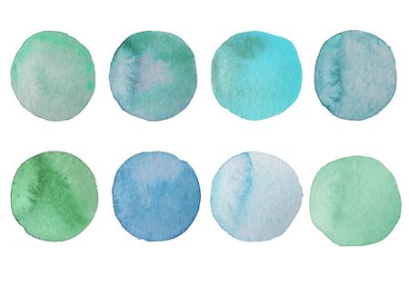 Blue and green watercolor dots. Hand painted Spots on white background. Round, circle set. Isolated. Blobs of different color 300 dpiの写真素材