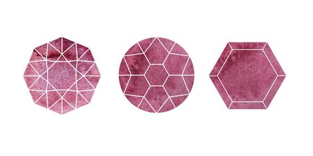 Burgundy watercolor gemstones icons with white contour. Line sketch with watercolor background. Crystals stone isolated. Set of jewel, mineral stony. Side, Bottom, Top View. Bordeauxの写真素材