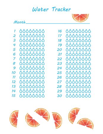 Empty Water tracker. Hydration Tracker Bullet Journal Printable. Monthly Planner. To do list and habit tracker. Health journal page for 30 days. Watercolor lgrapefruit. Thirty day Planner. Clipartの写真素材