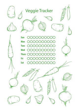 Vegetable tracker. Healthy Tracker Bullet Journal Printable. Weekly Planner. Page from health journal for 7 days. Doodle style. Seven day Planner.の写真素材