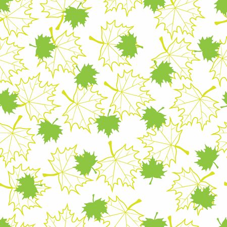 Green and yellow maple leaves pattern. Seamless illustration. Ideal for packaging eco-friendly products, scrapbooking, eco-style party designの写真素材