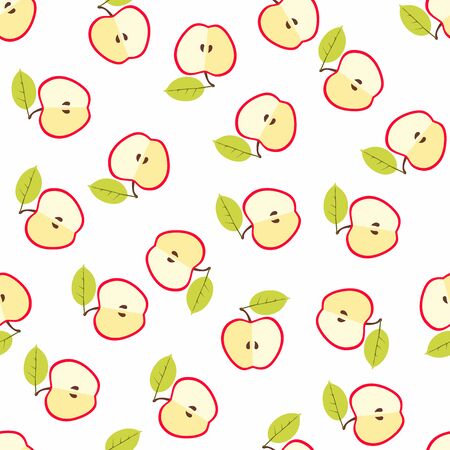 Half red apple with a leaflet seamless pattern. Illustration. Design for fabric, scrapbooking, packaging paper, wallpaper, wrapping, menuの写真素材