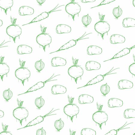 Vector Hand drawn outline seamless pattern with contour carrots, onion, beet, potato. Green Monochrome. Vegetables digital paper. Packaging, scrapbooking, party decor, wrapping, textile, wallpaperの写真素材