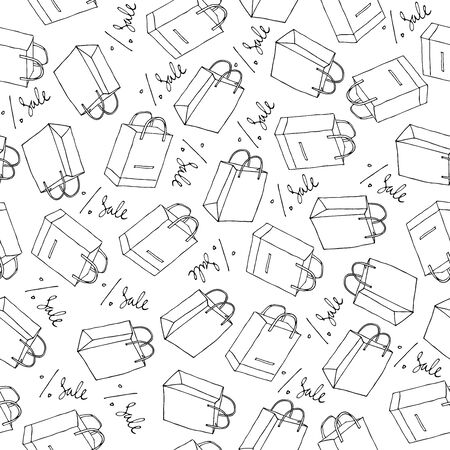 Black contour paper bag for shopping and inscription sale Seamless pattern. Black sketch. Doodle illustration. Digital paperの写真素材