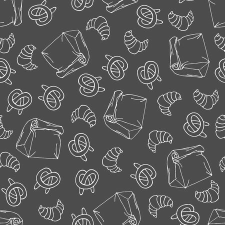Paper bag with Croissant and pretzels seamless pattern. Black white sketch illustration. Hand drawn pastries digital paper. Doodle. White on blackboard. For logo, wallpaper, fabric, packing, wrapperの写真素材