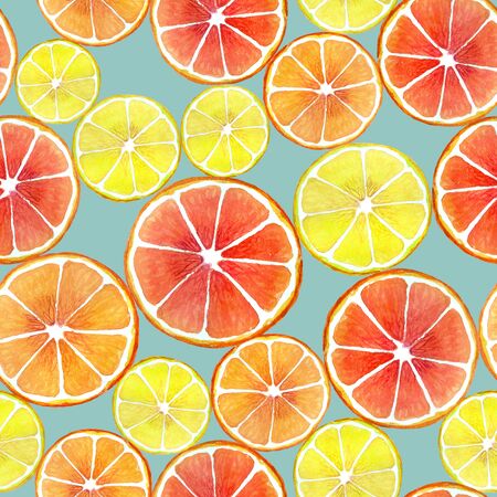 Fruit seamless pattern with orange slice and lemon slice and grapefruit slice on gray background. Colorful watercolor illustration. Digital paper for wallpaper, scrapbooking, textile , wrapの写真素材