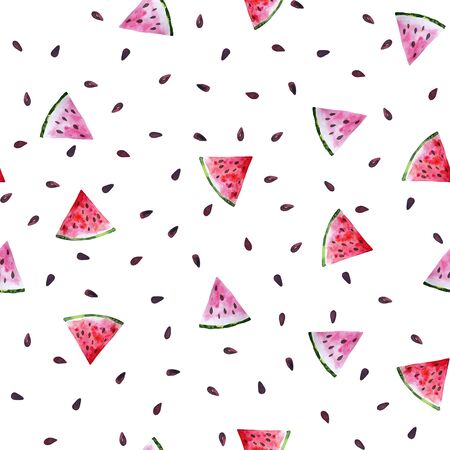 Watercolor seamless pattern with pieces of red and pink watermelons and with watermelon seeds.の写真素材