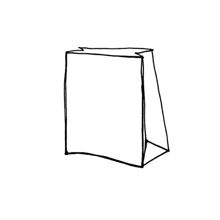 Paper bag isolated. Line sketch. Black and White hand drawn illustration on white background. Package for purchases. Shopping bag. Doodle style. Sign symbol.の写真素材