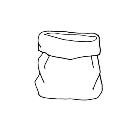 Sack for products isolated. Line sketch. Black and White hand drawn illustration on white background. Package for purchases. Shopping bag. Doodle style. Sign symbol.の写真素材