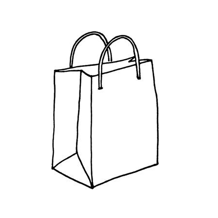 Paper bag with handles isolated. Line sketch. Black and White hand drawn illustration on white background. Package for purchases. Shopping bag. Doodle style. Sign symbol. 300 DPIの写真素材