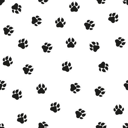 Dogs paws traces illustration. Black stamps on white background. Seamless pattern. For logo, wallpaper, fabric, packing, wrapper, scrapbooking, digital paperの写真素材