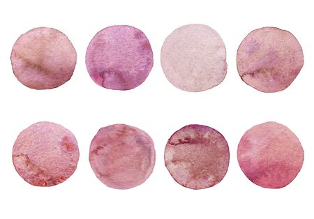 Pink and blush watercolor circles set. Hand painted Spots on white background. Round. Isolated. Blobs of different colorsの写真素材