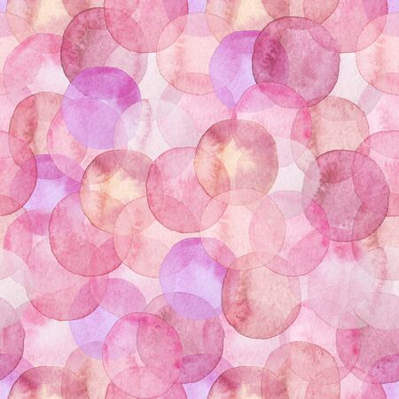 Seamless pattern of pink and blush translucent watercolor circles. Hand painted Spots on a white background. Round. Isolated. Blobs of different colorsの写真素材