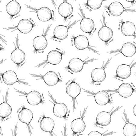 Onions with title seamless pattern on a white background. Black-and-white sketch illustration. Design for fabric, scrapbooking, packaging paper, wallpaper, wrap, farmers marketの写真素材