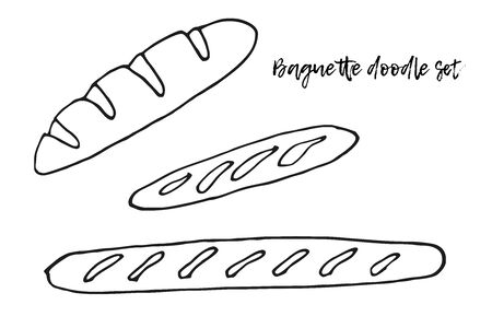 Set of long loafs sketch black on white background. Baguettes Doodle illustration. Various sorts of bread in linesの写真素材