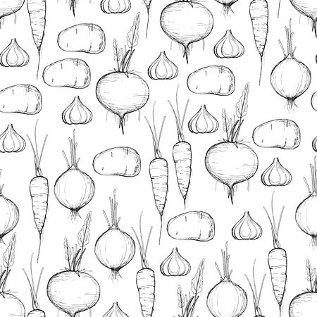 Vegetables seamless pattern on a white background. Black-and-white illustration. Design for fabric, scrapbooking, packaging paper, wallpaper, wrap, farmers marketの写真素材