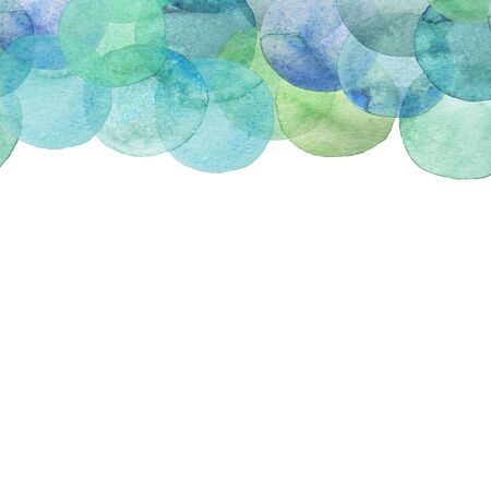 Seamless border of teal translucent watercolor circles. Hand painted Spots on a white background. Round. Isolated. Blobs of different colorsの写真素材