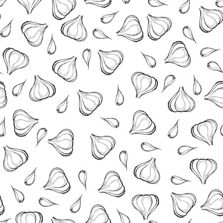 Garlic with garlic clove seamless pattern on a white background. Black-and-white illustration. Design for fabric, scrapbooking, packaging paper, wallpaper, wrap, farmers marketの写真素材