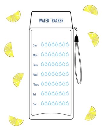 Weekly Empty Water tracker. Hydration Tracker Bullet Journal Printable. Planner. To do list and habit tracker. Page from health journal for 7 days. With watercolor lemon. 7 day Plannerの写真素材