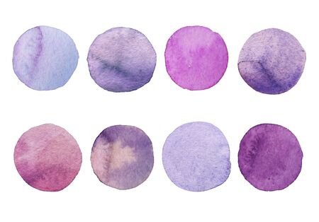 Set of Lavender watercolor dot. Hand painted Spots on a white background. Round, circle. Isolated. Blobs of different colorの写真素材