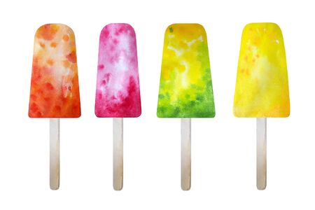 4 Watercolor fruit ice pops. Colorful watercolor illustration on white background. Summer dessert setの写真素材