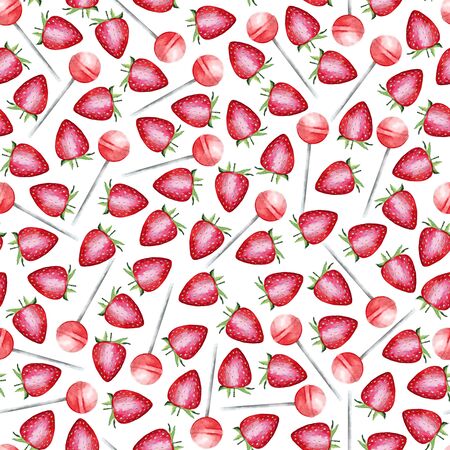 Watercolor seamless pattern with strawberrys and lollipops. Colorful watercolor illustration on white background. Digital paper for wallpaper, scrapbooking, textile , wrapの写真素材