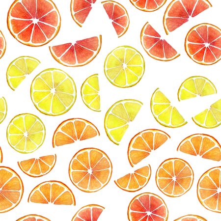 Seamless pattern with orange slice and lemon slice and grapefruit slice. Fruit lie ranks. Summer watercolor illustration. Digital paper for wallpaper, scrapbooking, textile , wrapの写真素材