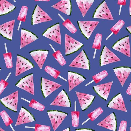 Summer seamless pattern with watermelon and fruit ice pops. Colorful watercolor illustration on blue background. Digital paper for wallpaper, scrapbooking, textile , wrapの写真素材