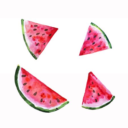 Watercolor hand drawn watermelon set. Piece of watermelon, slices of watermelon. Fresh watercolor illustration. Summer, harvest, vegetables and fruits.の写真素材