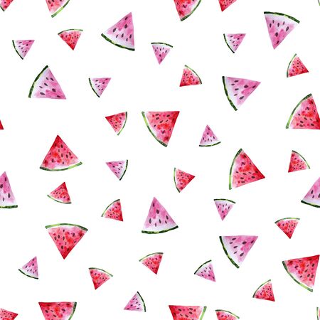Summer seamless pattern with pieces of red and pink watermelon on white background. Surface for fabric, scrapbooking, packaging paper, wallpaper, wrapの写真素材