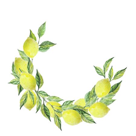 Frame with green leaves and yellow lemons fruit. Watercolor hand drawn illustration. Ideal for cards, photo. invitations, congratulations, save date.の写真素材