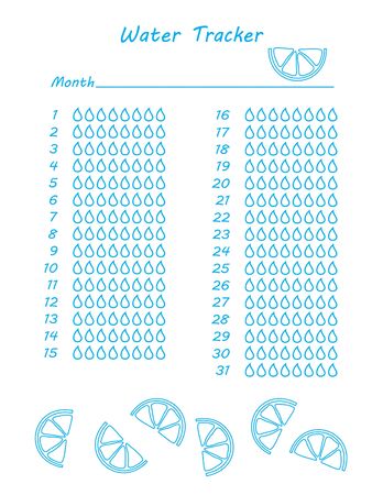 Water tracker. Hydration Tracker Bullet Journal Printable. Monthly Planner. Page from health journal for 31 days. Doodle style. Thirty-one day Planner. Clipartの写真素材