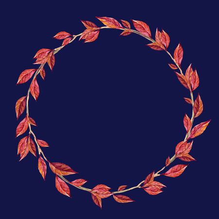 Red leaves wreath on blue. Frame from leaves. Watercolor hand drawn illustration. Border for invitation, congratulations, cards, photos. High quality 300 DPIの写真素材