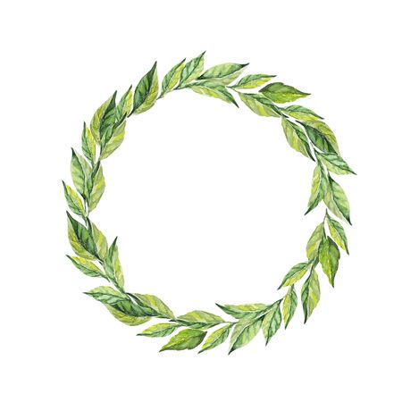 Laurel wreath. Frame from leaves. Watercolor hand drawn illustration. Border for invitation, congratulations, cards, photos. High quality 300 DPIの写真素材