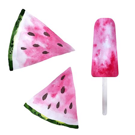 Set of pink watermelon slices and fruit ice pop. Fresh Summer watercolor illustration. Summer, harvest, vegetables and fruits.の写真素材