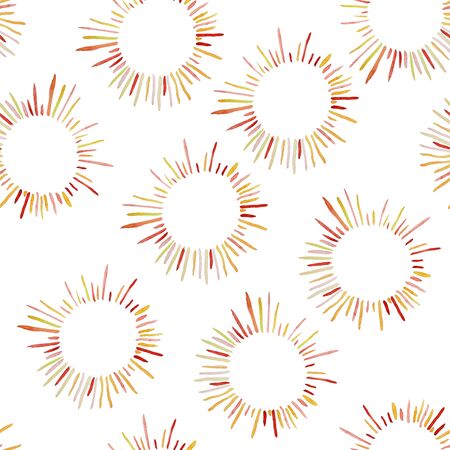 Watercolor sun background. The red rays of the sun seamless pattern. Summer digital paper for wallpaper, packaging, wrapping, scrapbookingの写真素材