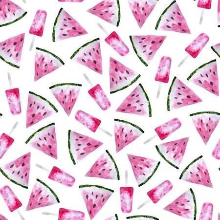 Summer seamless pattern with watermelon and fruit ice pops. Colorful watercolor illustration on white background. Digital paper for wallpaper, scrapbooking, textile , wrapの写真素材