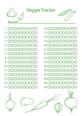 Vector Vegetable tracker. Healthy Tracker Bullet Journal Printable. Monthly Planner. Vector Page from health journal for 30 days. Doodle style. Thirty day Planner. Clipartの写真素材