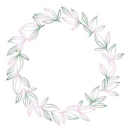 Green-pink leaves wreath. Natural illustration. Template for your photo, congratulations, invitations.の写真素材