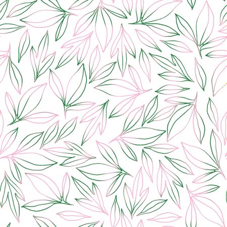 Seamless pattern with pink-green peony leaves. Hand drawin illustration. For scrapbooking, packaging, fabricsの写真素材