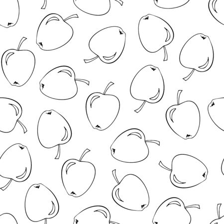 Black contour apple background. Seamless pattern. Doodle sketch Vector illustration. Design for fabric, scrapbooking, packaging paper, wallpaper, wrapping, menuの写真素材